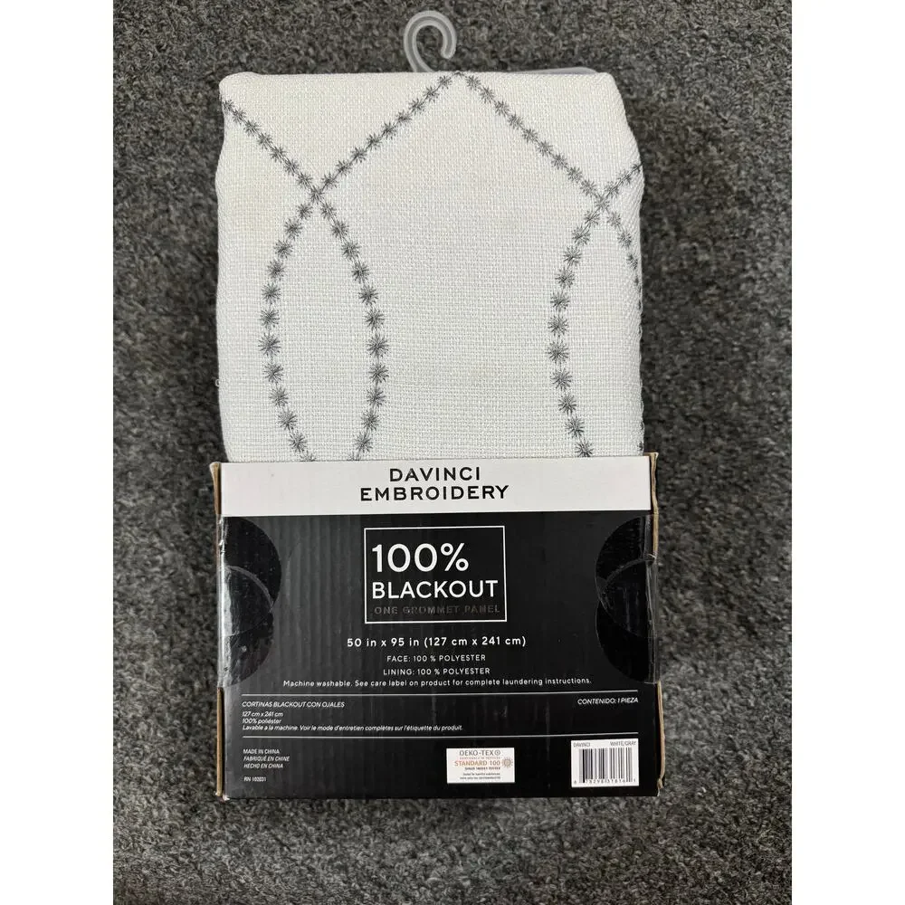 Davinci Embroidery White Gray Black out Grommet Thick Curtain Panel (1) 50